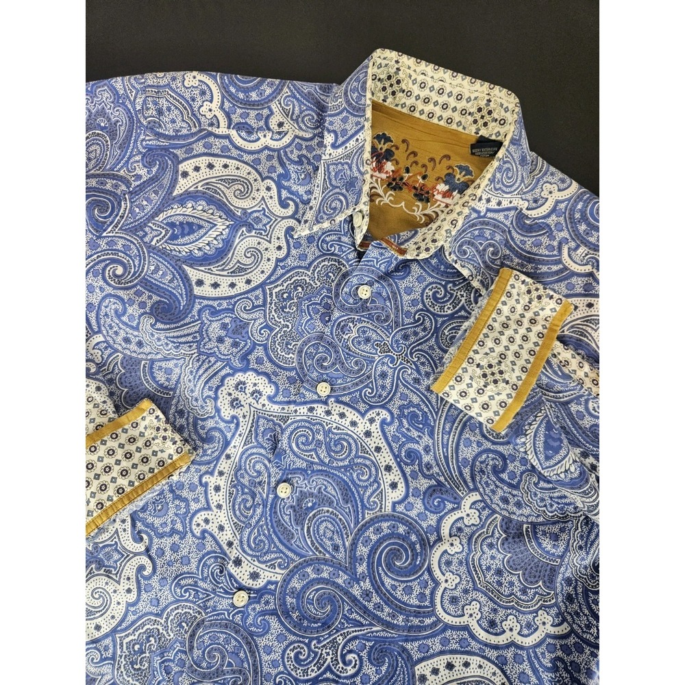 Robert Graham Men's Long Sleeve Blue Paisley AOP Flip Cuff Button Up Shirt Large
